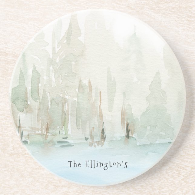 Modern Watercolor Woodland Scene Family Name  Coaster (Front)