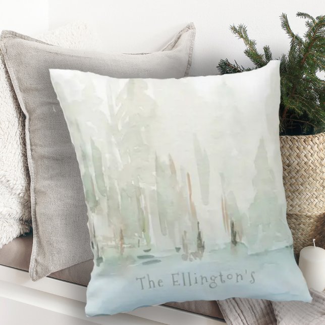 Modern Watercolor Woodland Scene Family Name   Cushion (Creator Uploaded)