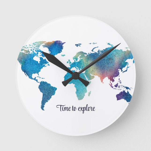 Modern Watercolor World Map Blue Green Round Clock (Front)