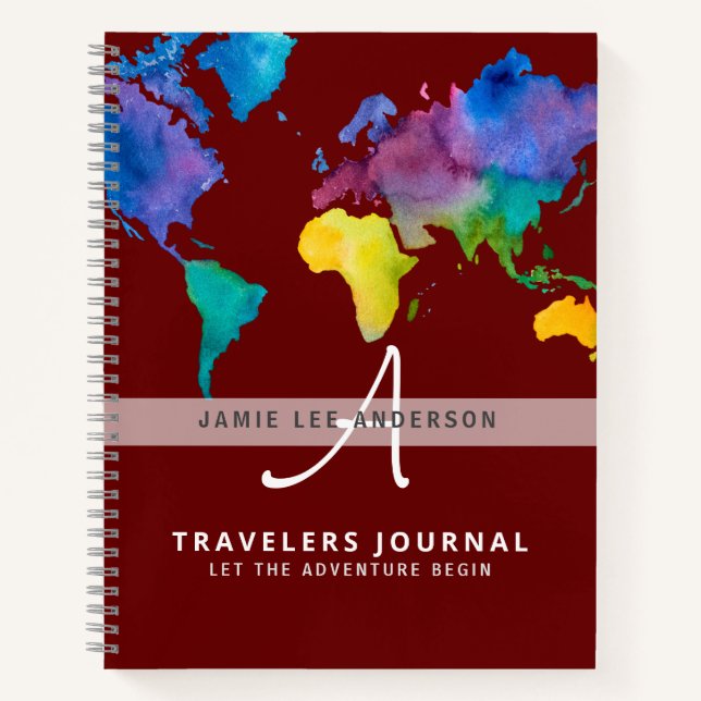 Modern Watercolor World Map Travel Journal Custom (Front)