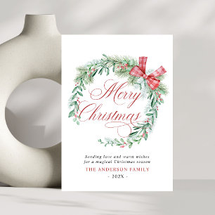 Modern Watercolor Wreath Bow Non Photo Christmas Holiday Card