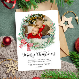 Modern Watercolor Wreath Bow  Photo Christmas Holiday Card