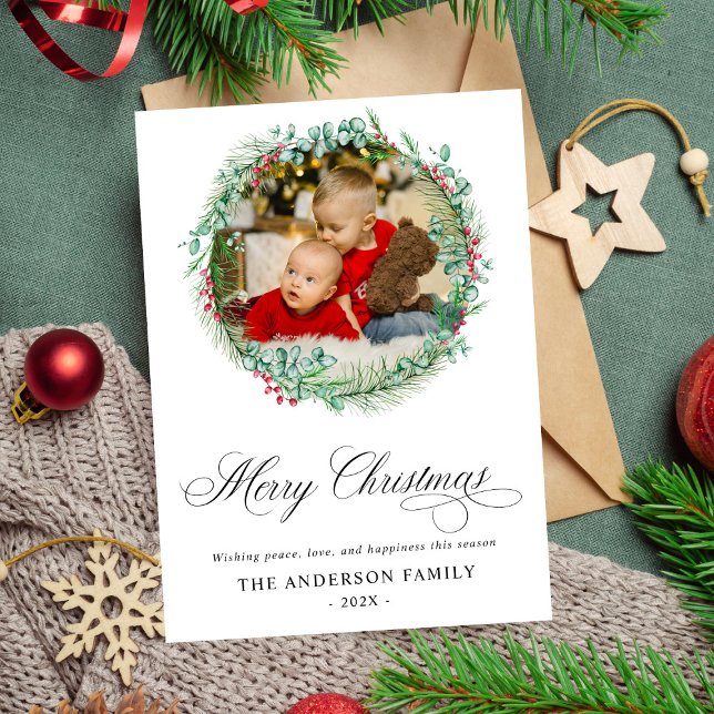 Modern Watercolor Wreath Bow Photo Christmas Holiday Card (Creator Uploaded)