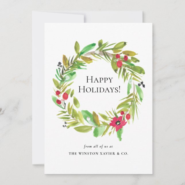 Modern watercolor Wreath Christmas Staff photo Holiday Card (Front)