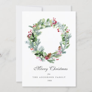 Modern Watercolor Wreath Evergreen and Berries Holiday Card