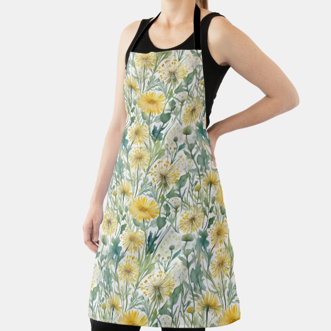 Modern Watercolor Yellow Dandelions Floral Pattern Apron (Insitu)