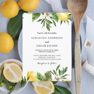 Modern Watercolor Yellow Lemons & Leaf Invitation