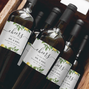 Modern Watercolor Yellow Lemons & Leaf Wine Label