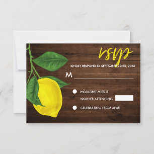 Modern Watercolor Yellow Lemons Leaves Rustic Wood RSVP Card
