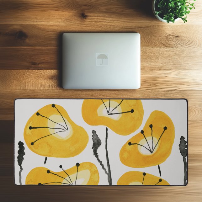 Modern Watercolor Yellow Poppies Stylish Trendy Desk Mat (Overhead View of Desk)