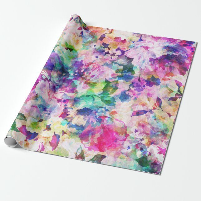 Modern Watercolors Flowers Collage Wrapping Paper (Unrolled)