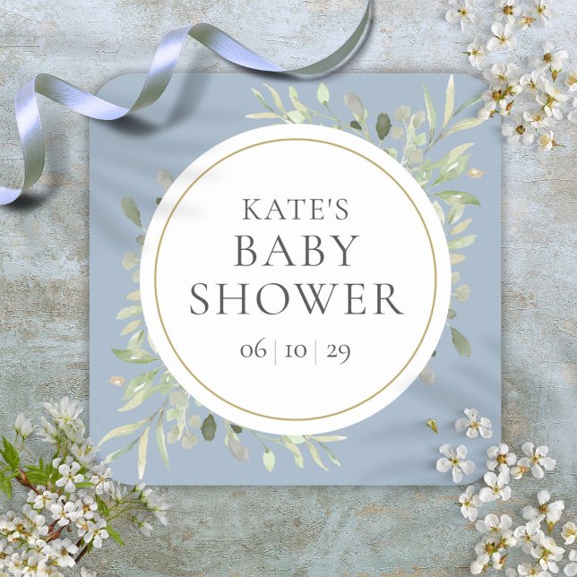 Modern Watercolour Greenery Baby Shower Dusty Blue Square Sticker (Modern Watercolour Greenery Baby Shower Dusty Blue Square Sticker)