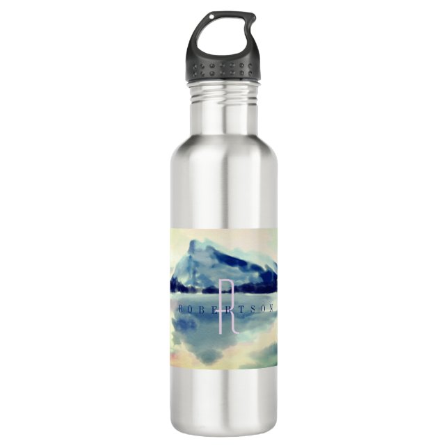 Modern Watercolour Navy Blue Mountain Monogram 710 Ml Water Bottle (Front)
