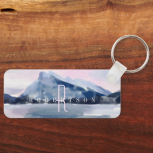 Modern Watercolour Navy Blue Mountain Monogram Key Ring