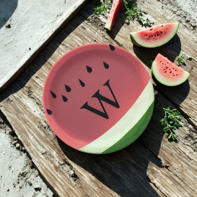 Modern Watermelon Monogrammed Paper Plates (A fun watermelon inspired paper plate with space for your initial. Great for summer parties)
