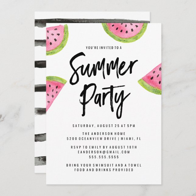 Modern Watermelon Summer Party Invitation (Front/Back)