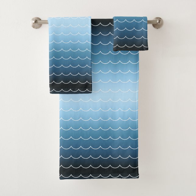 Modern Wave Pattern Calm Blue Gradient Bath Towel Set (Insitu)