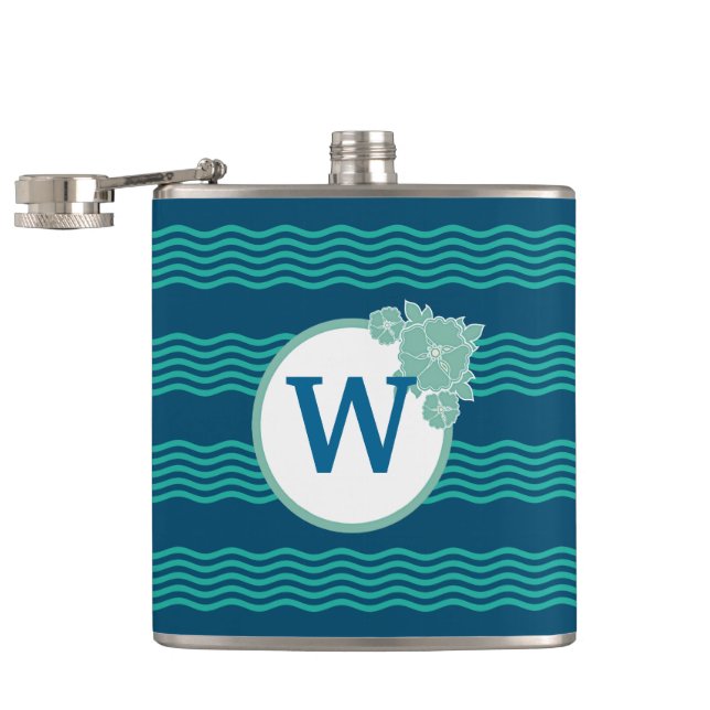 Modern Wave Pattern Monogrammed Hip Flask (Opened)