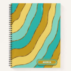 Modern Wave Stripes Blue Yellow Tones Gold Glitter Notebook