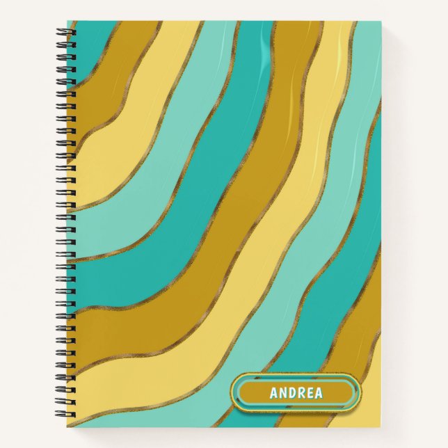 Modern Wave Stripes Blue Yellow Tones Gold Glitter Notebook (Front)