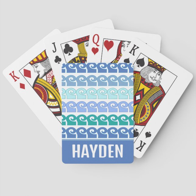 Modern Waves Pattern in Blues Personalised Playing Cards (Back)