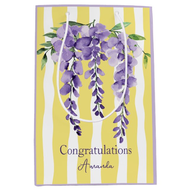 Modern wavevy yellow stripes Purple botanical Chic Medium Gift Bag (Front)