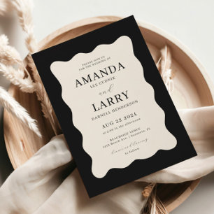 Modern Wavy Black and Cream Wedding Invitation