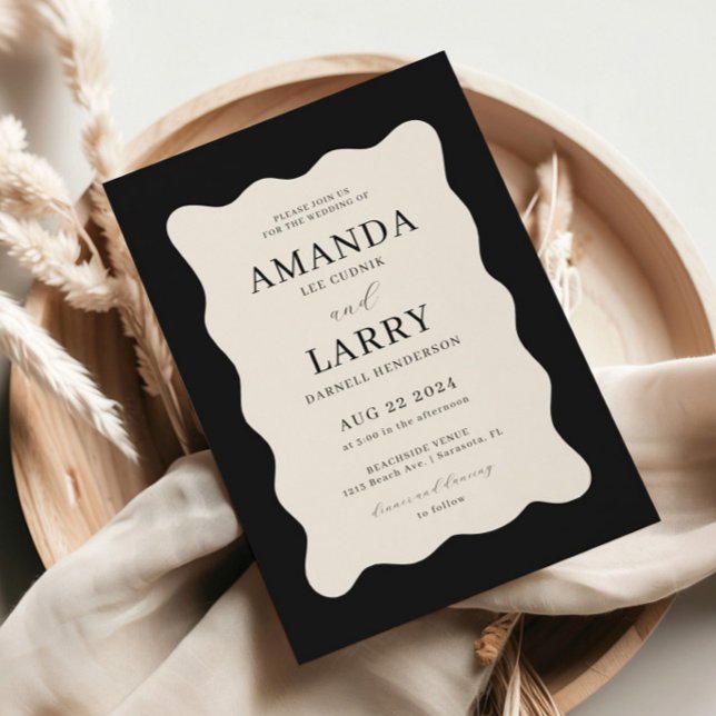 Modern Wavy Black and Cream Wedding Invitation (Creator Uploaded)