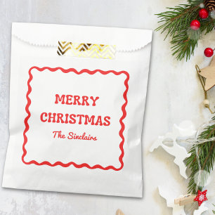 Modern Wavy Border Trendy Red Christmas Party Favour Bag