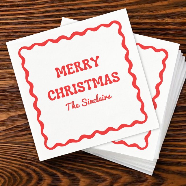 Modern Wavy Border Trendy Red Christmas Party Napkin (Creator Uploaded)