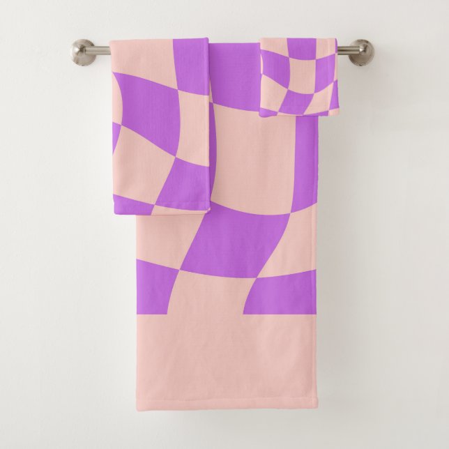 Modern wavy chequerboard Purple and pink pattern Bath Towel Set (Insitu)