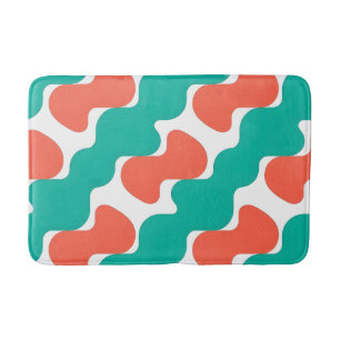 Modern Wavy Diagonal Geometric Teal and Coral Pink Bath Mat