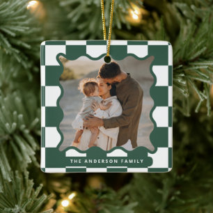 Modern wavy edge check minimal photo Christmas Ceramic Ornament