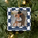 Modern wavy edge check minimal photo Christmas Ceramic Ornament<br><div class="desc">Modern minimal graphic check pattern navy blue wavy edge photo Christmas holiday home decor ornament. Bold on trend design. Part of a holiday collection.</div>