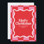 Modern wavy edge check minimal photo Christmas Holiday Card<br><div class="desc">Modern minimal graphic check pattern red and pink wavy edge photo Christmas holiday card. Bold on trend design. Part of a holiday collection.</div>