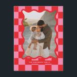 Modern wavy edge check minimal photo Christmas Holiday Postcard<br><div class="desc">Modern minimal graphic check pattern red and pink wavy edge photo Christmas holiday postcard. Bold on trend design. Part of a holiday collection.</div>