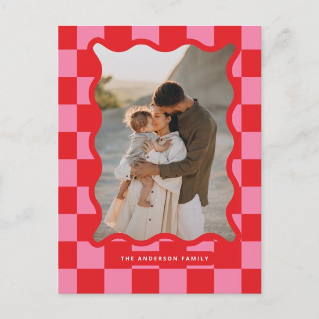 Modern wavy edge check minimal photo Christmas Holiday Postcard (Front)