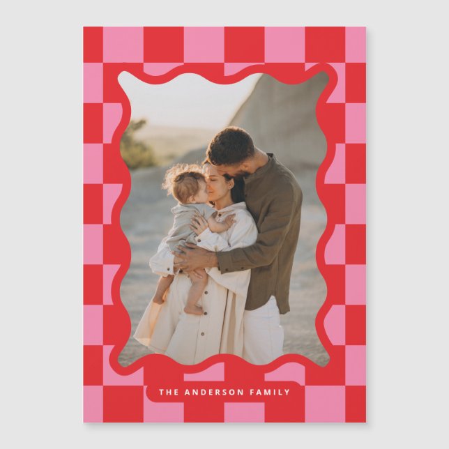 Modern wavy edge check minimal photo Christmas Magnetic Invitation (Front)