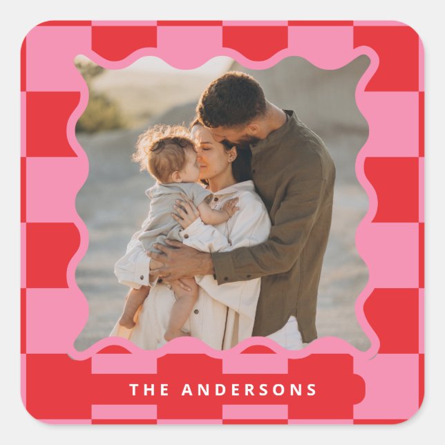 Modern wavy edge check minimal photo Christmas Square Sticker (Front)