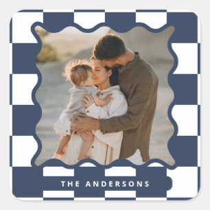 Modern wavy edge check minimal photo Christmas Square Sticker
