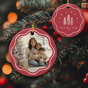 Modern Wavy Frame Family Photo Muted Red Ceramic Ornament