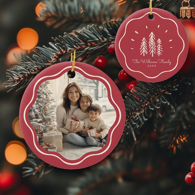 Modern Wavy Frame Family Photo Muted Red Ceramic Ornament (Creator Uploaded)