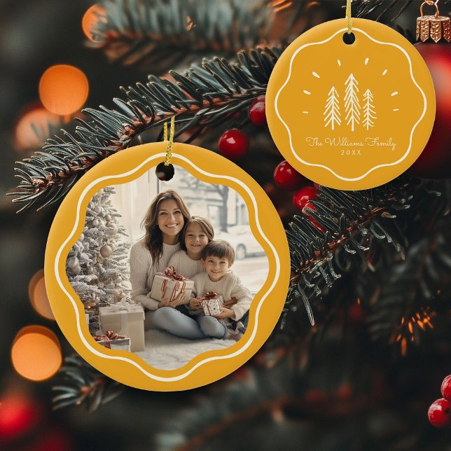 Modern Wavy Frame Family Photo Retro Yellow Ceramic Ornament (Creator Uploaded)