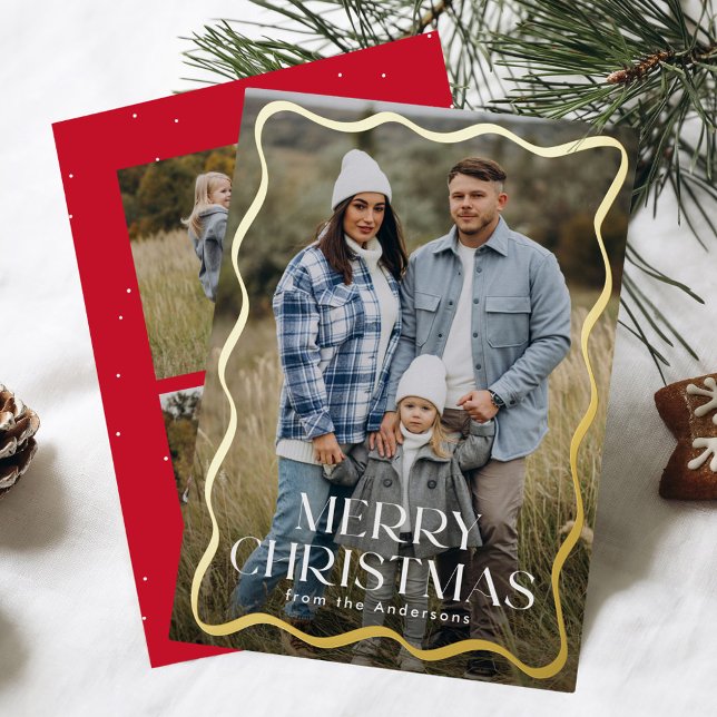 Modern Wavy Frame Merry Christmas 3 Photo Foil Holiday Card (Creator Uploaded)