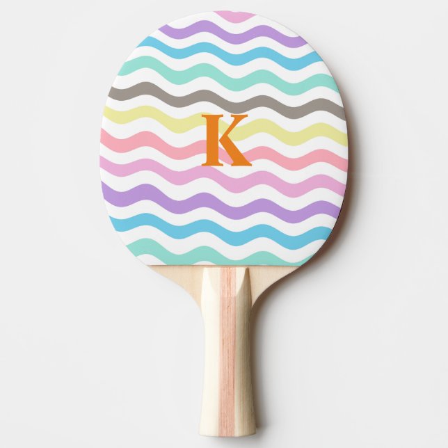Modern Wavy Lines | Pastel Waves Monogram Ping Pong Paddle (Front)