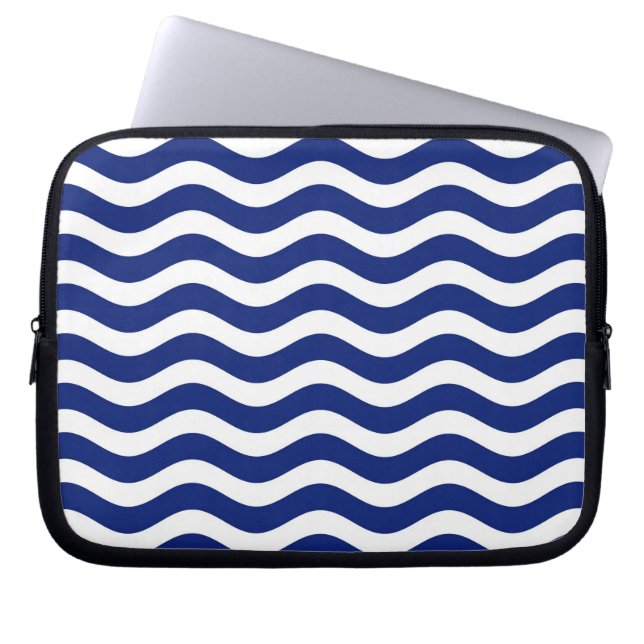 Modern Wavy Navy Blue Stripes Decor Laptop Sleeve (Front)