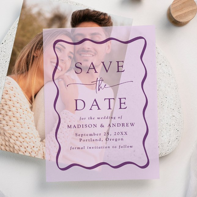 Modern Wavy Purple Frame Wedding Save the Date Vellum Invitations (Creator Uploaded)
