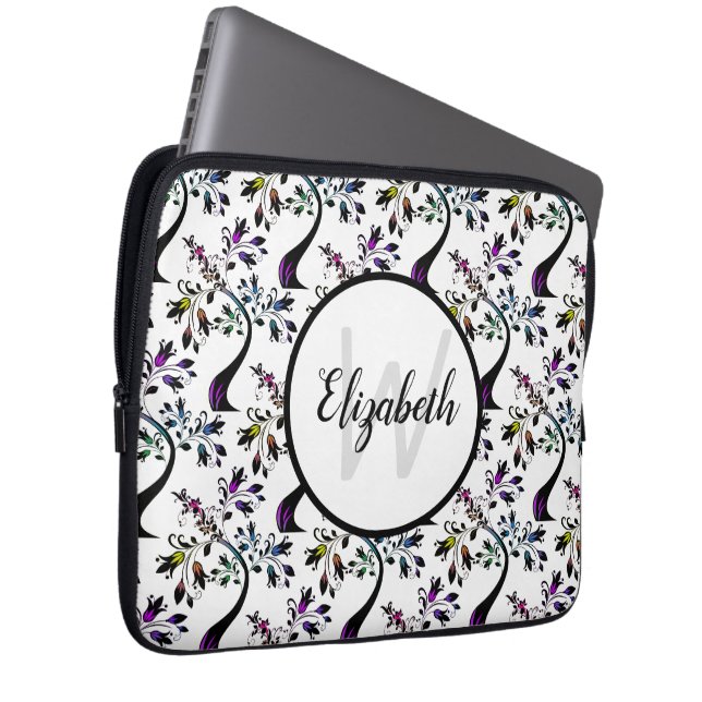 Modern Wavy Rainbow Floral Tree Pattern Monogram Laptop Sleeve (Front Right)