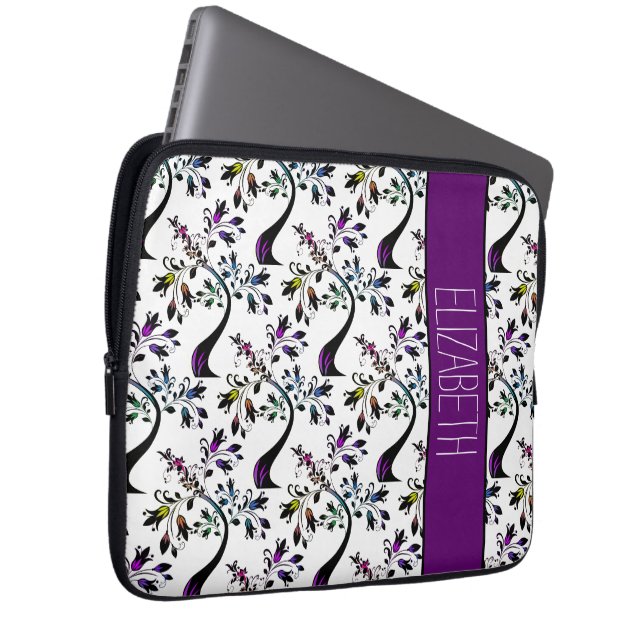 Modern Wavy Rainbow Floral Tree Pattern Name Laptop Sleeve (Front Right)