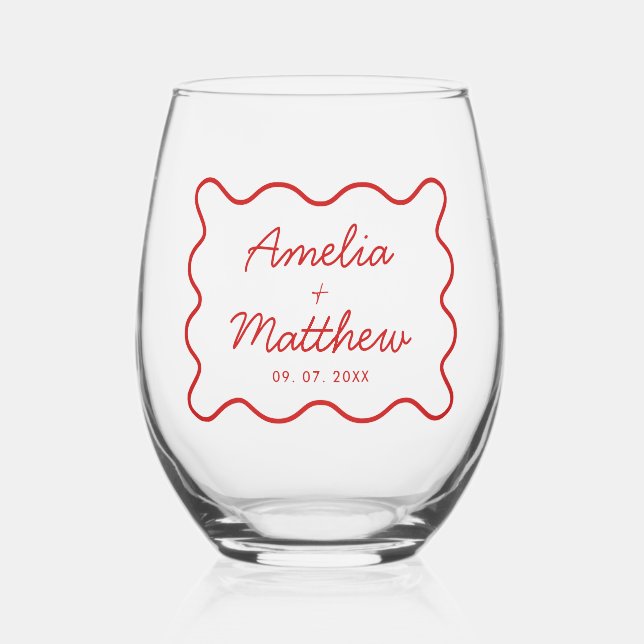 Modern Wavy Red Retro Squiggle Wedding Stemless Wine Glass (Front)